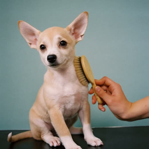 A puppy being gently brushed on a grooming table